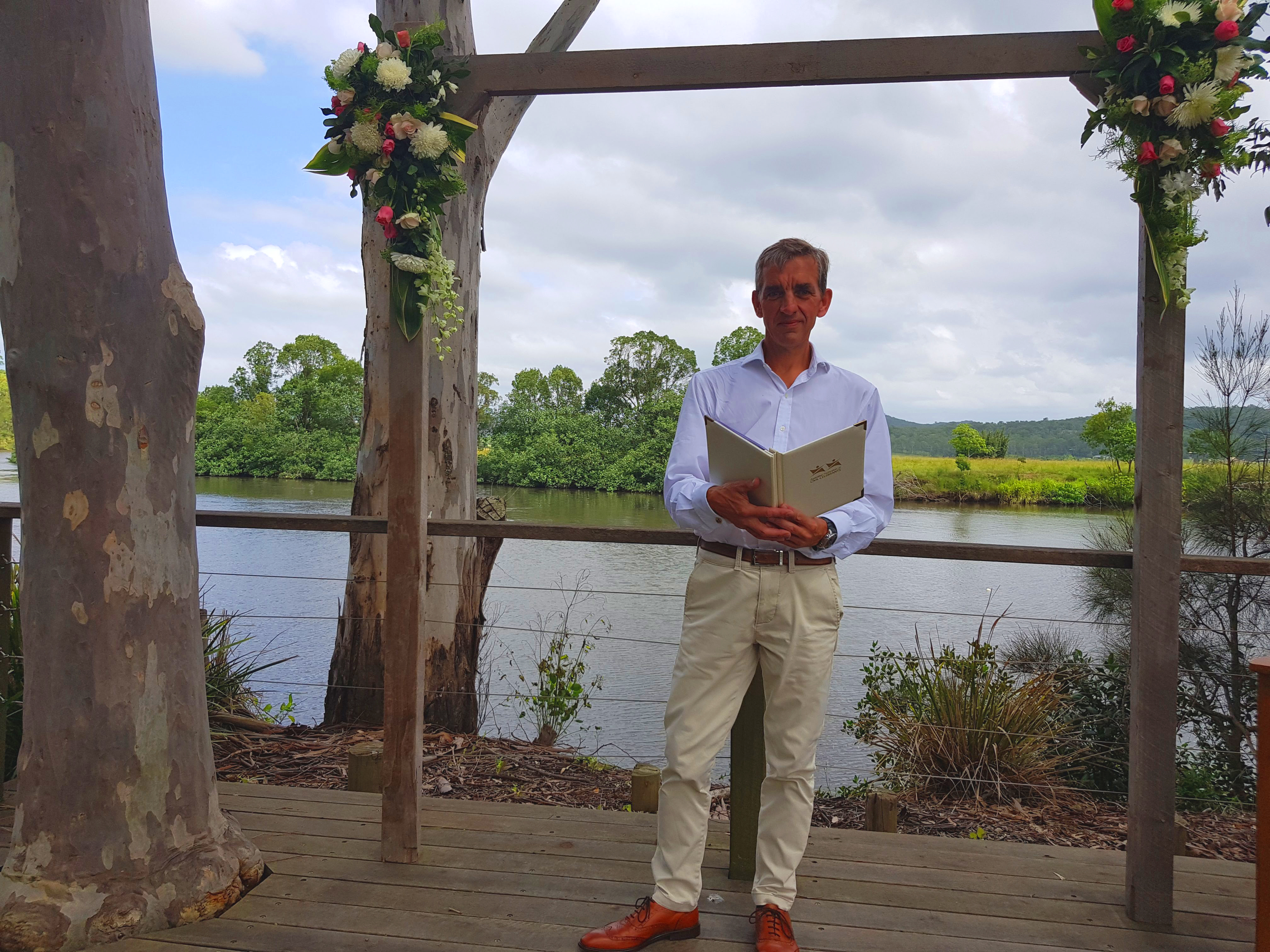 James Dennison, the Sunny Coast Celebrant, getting ready for a wedding at the Rocks, a beautiful spot near Yandina